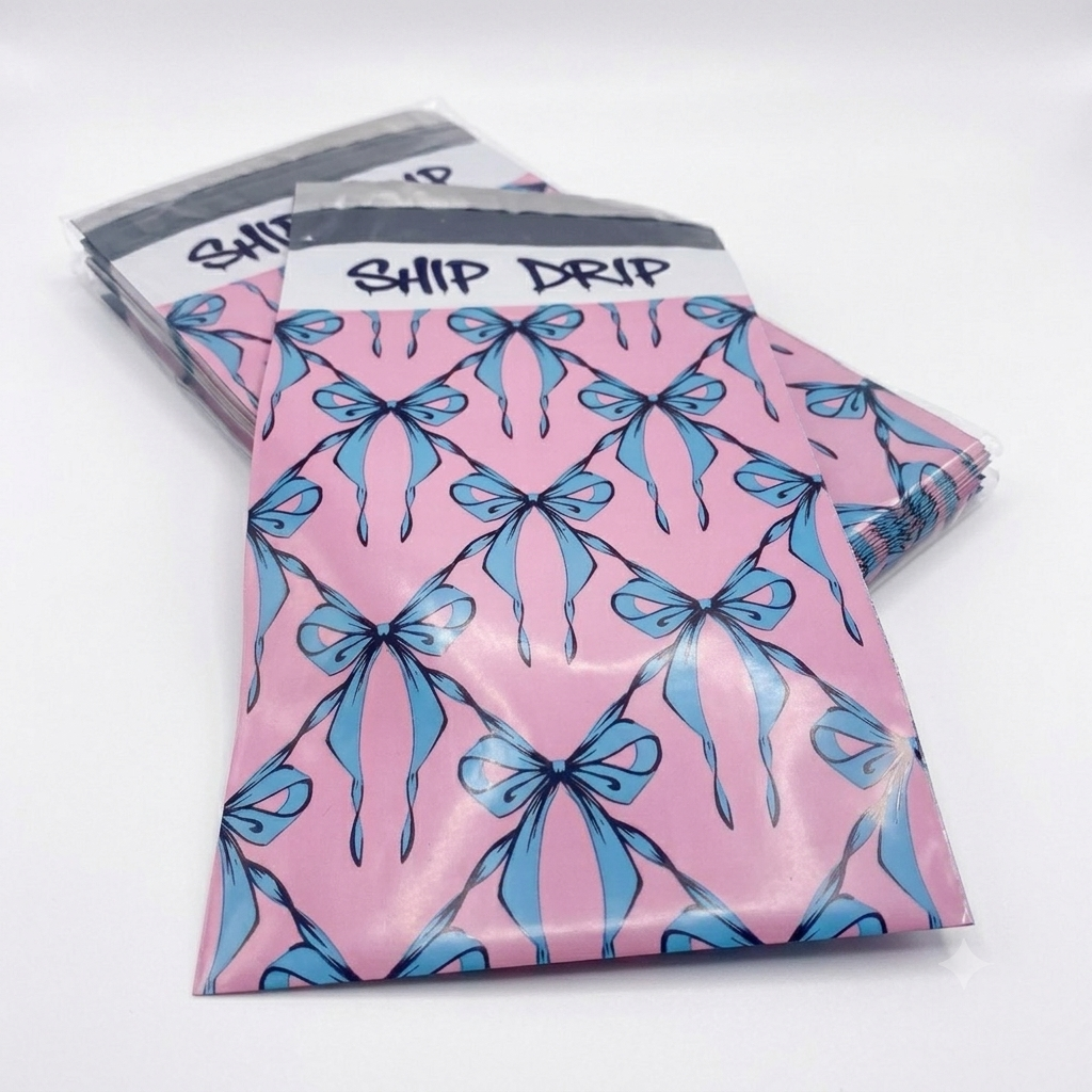 Blue Bow Coquette Designer Poly Mailers - 2.5 Mil Heavy Duty Shipping Bags