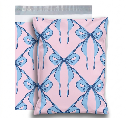 Blue Bow Coquette Designer Poly Mailers - 2.5 Mil Heavy Duty Shipping Bags